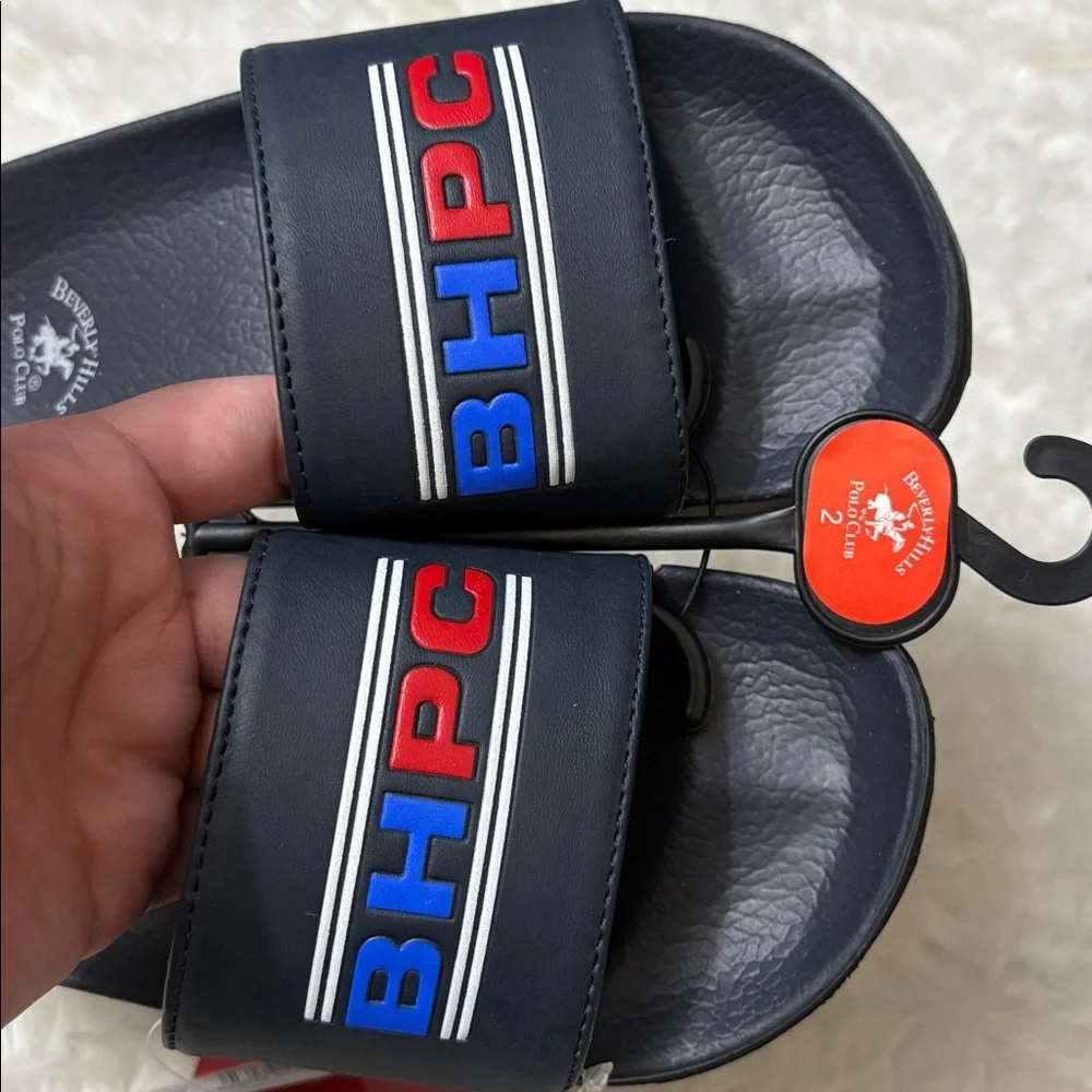 NWT Beverly Hills Polo Club Navy Blue Youth Size 2 Slide On Sandals